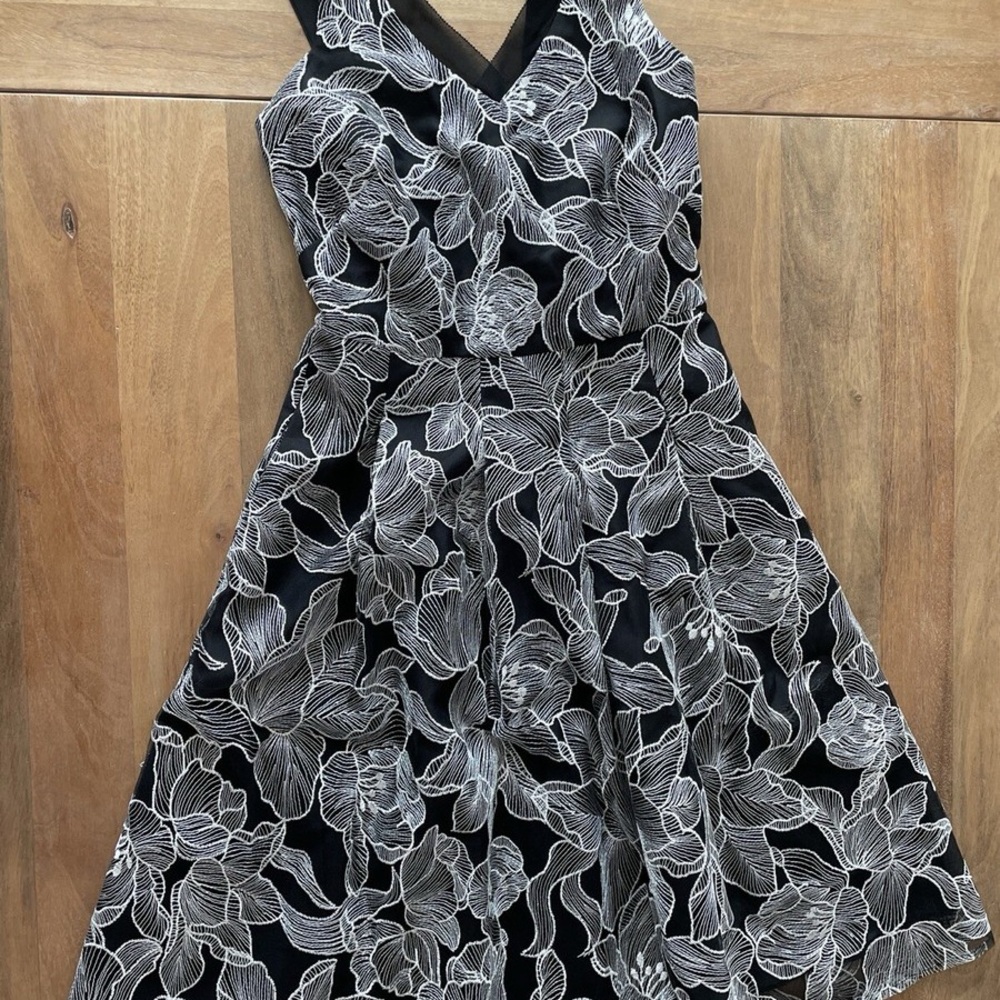 WHBM Black Fit and Flaire Dress with White Embroidered Shell